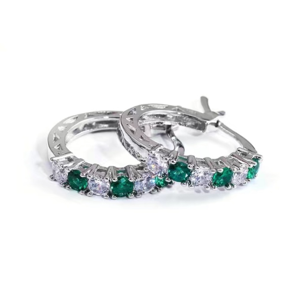 Emerald & Diamond Silver Toned Hoop Earrings